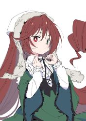 Rule 34 | 1girl, brown hair, dress, drill hair, frilled dress, frilled sleeves, frills, green dress, green eyes, head scarf, heterochromia, ixy, long hair, long sleeves, looking at viewer, neck ribbon, red eyes, ribbon, rozen maiden, solo, suiseiseki, tying, very long hair, white background