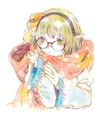 Rule 34 | 1girl, :o, arch bishop (ragnarok online), black-framed eyewear, black hairband, blue dress, blush, bow, commentary request, dress, glasses, green eyes, green hair, hair bow, hairband, open mouth, pointy ears, ragnarok online, red scarf, round eyewear, scarf, short hair, simple background, solo, tokio (okt0w0), upper body, white background, yellow bow