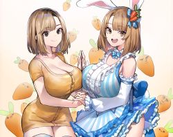 Rule 34 | 2girls, :3, :d, :o, absurdres, animal ears, asymmetrical docking, bare shoulders, black eyes, blue bow, blue dress, bow, breast press, breasts, brown eyes, brown hair, bunny ayumi, bunny ayumi (vtuber), carrot, cleavage, detached sleeves, dress, dual persona, eyebrows, food, hair bow, highres, huge breasts, large breasts, long shirt, looking at viewer, medium hair, multiple girls, neonbeat, open mouth, orange shirt, polar opposites, rabbit ears, real life, shirt, smile, striped clothes, striped dress, symmetrical docking, virtual youtuber