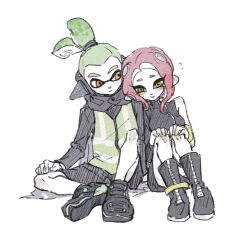 Rule 34 | 1boy, 1girl, :|, agent 3 (splatoon), agent 8 (splatoon), black footwear, boots, breasts, closed mouth, film grain, flying sweatdrops, green hair, hands on own knees, high-visibility vest, highres, inkling, inkling boy, inkling player character, leaning on person, long sleeves, looking at another, medium breasts, medium hair, nintendo, octoling, octoling girl, octoling player character, orange eyes, pink hair, ponytail, shoes, short hair, simple background, single bare shoulder, single sleeve, sitting, smile, splatoon (series), splatoon 2, splatoon 2: octo expansion, suction cups, tentacle hair, thenintlichen96, vest, white background, yellow eyes