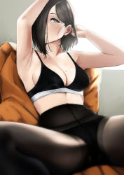 Rule 34 | 1girl, absurdres, armpits, arms up, black eyes, black hair, black panties, black pantyhose, blush, breasts, bright pupils, cleavage, collarbone, commentary request, gradient background, grey background, hair over one eye, high-waist pantyhose, highres, huge filesize, looking at viewer, medium breasts, mole, mole above eye, mole on breast, original, panties, panties under pantyhose, pantyhose, parted lips, pillow, pupi (rain prophet), short hair, sitting, smile, solo, sports bra, spread legs, underwear