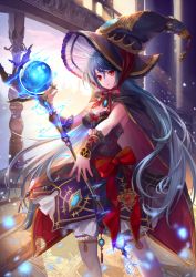 Rule 34 | 1girl, bad id, bad pixiv id, black hat, blue hair, blush, breasts, cape, cleavage, hat, holding, holding staff, large breasts, long hair, looking at viewer, original, parted lips, red eyes, shente (sharkpunk), solo, staff, thighhighs, white thighhighs, witch