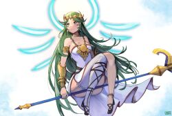 Rule 34 | 1girl, ancient greek clothes, armband, bare shoulders, breasts, chiton, cleavage, collarbone, forehead jewel, full body, green eyes, green hair, highres, holding, holding staff, jewelry, kid icarus, kid icarus uprising, medium breasts, nintendo, palutena, pendant, signature, single thighhigh, smile, solo, staff, thighhighs, two-tone background, ushien