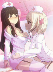 Rule 34 | 2girls, absurdres, black hair, blonde hair, blush, bob cut, breasts, chromatic aberration, cleavage, collared dress, commentary request, cross, dress, edgar syu, eye contact, garter straps, hair ornament, hairclip, hand on another&#039;s hip, hat, highres, holding, holding stethoscope, inoue takina, iv stand, large breasts, long sleeves, looking at another, lycoris recoil, multiple girls, nishikigi chisato, nurse, nurse cap, panties, pantyshot, partially unbuttoned, pink panties, pink theme, purple eyes, red cross, red eyes, sitting, stethoscope, thighhighs, thighs, underwear, white thighhighs, yuri