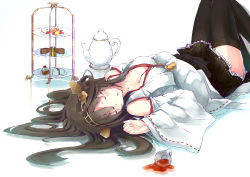 Rule 34 | 10s, 1girl, ahoge, bad id, bad pixiv id, bare shoulders, blush, boots, breasts, brown hair, cake, cleavage, cup, detached sleeves, food, frilled skirt, frills, hairband, japanese clothes, kantai collection, kongou (kancolle), long hair, lying, on back, personification, ribbon-trimmed sleeves, ribbon trim, skirt, sleeping, solo, tea, teacup, teapot, thigh boots, thighhighs, tiered tray, yuui hutabakirage, zettai ryouiki