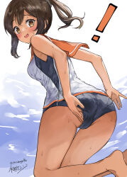 Rule 34 | !, 1girl, adjusting clothes, adjusting swimsuit, ass, barefoot, black one-piece swimsuit, brown eyes, brown hair, highres, i-401 (kancolle), kantai collection, long hair, looking at viewer, looking back, mizuta kenji, one-piece swimsuit, orange sailor collar, ponytail, sailor collar, school swimsuit, shirt, side-tie shirt, signature, sleeveless, sleeveless shirt, solo, sweat, swimsuit, swimsuit under clothes, tan