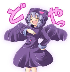 Rule 34 | 1girl, :d, bat (animal), bat costume, blue hair, blush, closed eyes, costume, fang, female focus, hand on own hip, hip focus, ichimi, open mouth, raincoat, remilia scarlet, simple background, smile, solo, touhou, translated, white background, wings