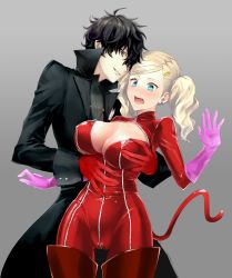 Rule 34 | 10s, 1boy, 1girl, amamiya ren, black hair, black jacket, blonde hair, blue eyes, blush, boots, grabbing another&#039;s breast, breasts, cameltoe, cleavage, earrings, embarrassed, grabbing, groping, hand on another&#039;s stomach, hetero, highres, jacket, jewelry, large breasts, latex, latex suit, mozuyun, open mouth, persona, persona 5, red footwear, red thighhighs, smile, tail, takamaki anne, thigh boots, thighhighs, twintails, zipper