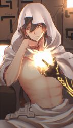 Rule 34 | 1boy, abs, arm tattoo, black hair, brown hair, cloak, closed mouth, cube, earrings, genshin impact, glowing, gradient hair, hair between eyes, hand on own chin, highres, holding, hood, hood up, hooded cloak, jewelry, leaf19, long hair, looking at viewer, male focus, midriff, multicolored hair, ponytail, single earring, sitting, solo, tassel, tassel earrings, tattoo, toned, toned male, white cloak, yellow eyes, zhongli (archon) (genshin impact), zhongli (genshin impact)