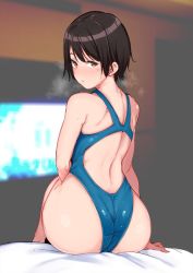 Rule 34 | 1girl, alp, arm at side, ass, back, black hair, blue one-piece swimsuit, blurry, blush, breath, brown eyes, competition school swimsuit, copyright request, depth of field, from behind, highres, impossible clothes, impossible swimsuit, indoors, looking at viewer, looking back, one-piece swimsuit, parted lips, school swimsuit, short hair, sitting, solo, sweat, swimsuit