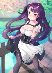 Rule 34 | 1girl, absurdres, black pantyhose, blush, braid, breasts, cleavage, closed mouth, clothes lift, collarbone, comiket 96, dress, dress lift, girls&#039; frontline, hair ribbon, highres, large breasts, long hair, looking at viewer, pantyhose, purple hair, red eyes, ribbon, sakana-ko, side ponytail, solo, standing, wa2000 (girls&#039; frontline), wall, water