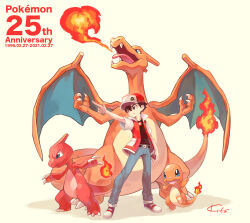 Rule 34 | 1boy, anniversary, baseball cap, blue pants, brown eyes, brown hair, charizard, charmander, charmeleon, commentary request, creatures (company), evolutionary line, fire, game freak, gen 1 pokemon, hat, highres, holding, holding poke ball, jacket, kitakaze tomohiro, male focus, multicolored clothes, multicolored jacket, nintendo, pants, pointing, poke ball, poke ball (basic), pokemon, pokemon (creature), pokemon rgby, red (pokemon), serious, short-sleeved jacket, short sleeves, signature, two-tone jacket, wings