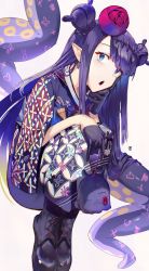 Rule 34 | 1girl, absurdres, blue eyes, double bun, floral print, gloves, hair bun, highres, hololive, hololive english, japanese clothes, kimono, looking at viewer, ninomae ina&#039;nis, ninomae ina&#039;nis (new year), odyssey 21, open mouth, purple gloves, purple hair, purple kimono, squatting, takodachi (ninomae ina&#039;nis), tentacles, virtual youtuber