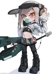 Rule 34 | 1girl, black footwear, black hat, black pants, black shirt, blowing bubbles, blue eyes, blunt bangs, blush, boots, buttons, chain, chewing gum, crop top, cropped jacket, dress, female focus, flat chest, full body, hand up, hat, headphones, heterochromia, highres, holding, holding weapon, inkling, inkling girl, inkling player character, jacket, jet squelcher (splatoon), long sleeves, looking at viewer, navel, nintendo, pants, see-through, see-through dress, shirt, short dress, sidelocks, sign, simple background, solo, splatoon (series), standing, stomach, visor cap, warning sign, weapon, white background, white jacket, yellow eyes, yksb inc6
