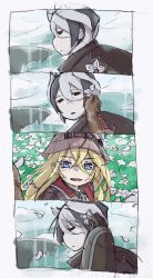 Rule 34 | 2girls, 4koma, black cape, black eyes, black hair, blue eyes, cape, closed mouth, comic, commentary request, field, flower, flower field, hair flower, hair ornament, height difference, helmet, highres, jitome, looking at viewer, lyza (made in abyss), made in abyss, mi (pic52pic), multicolored hair, multiple girls, outdoors, ozen, parted lips, sad, short hair, smile, two-tone hair, whistle, white hair