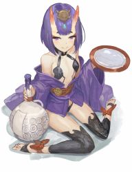 Rule 34 | 1girl, absurdres, akizone, alcohol, ankle ribbon, bare shoulders, barefoot, blunt bangs, bob cut, bottle, bow, breasts, choker, collarbone, commentary, cup, eyelashes, fate/grand order, fate (series), full body, gem, hair ornament, highres, holding, holding bottle, holding cup, horns, japanese clothes, kimono, leg ribbon, looking at viewer, obi, off shoulder, oni, purple eyes, purple hair, revealing clothes, ribbon, sakazuki, sake, sash, shadow, short hair, shuten douji (fate), simple background, sitting, sketch, skin-covered horns, small breasts, smile, solo, thighs, toeless legwear, wariza, white background, wide sleeves