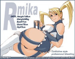 Rule 34 | 1990s (style), 1girl, artist name, ass, bare shoulders, blonde hair, blue eyes, blush, border, breasts, capcom, champ+, character name, character sheet, feet out of frame, from behind, grey border, height, huge ass, legs together, light smile, long hair, looking at viewer, looking back, lying, measurements, medium breasts, on side, parted bangs, profile, rainbow mika, retro artstyle, simple background, solo, street fighter, street fighter zero (series), twintails, watermark, web address, weight, white border