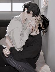 Rule 34 | 2boys, bed, black hair, black pants, black shirt, blonde hair, collarbone, commentary request, crossed bangs, earrings, eye contact, glint, grey eyes, grey pants, hair between eyes, hair bun, hand on another&#039;s chin, hand up, hanemiya kazutora, highres, imminent kiss, indoors, jewelry, long sleeves, looking at another, male focus, matsuno chifuyu, medium hair, multicolored hair, multiple boys, neck tattoo, neconecowc, on bed, open mouth, pants, parted bangs, pillow, ponytail, profile, shirt, short hair, sidelocks, single hair bun, sitting, sitting on lap, sitting on person, streaked hair, tattoo, teeth, tokyo revengers, undercut, upper teeth only, white shirt, window, yaoi