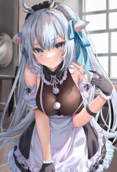 Rule 34 | 1girl, absurdres, animal ears, antlers, apron, bare shoulders, bent over, black gloves, blue eyes, blue ribbon, breasts, deer antlers, deer ears, deer girl, detached sleeves, frown, gloves, grey hair, hakushika iori, highres, horns, large breasts, long hair, maid, maid apron, maid headdress, phase connect, ribbon, skin tight, skindentation, solo, strap pull, una hirag, very long hair, virtual youtuber, window