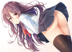 Rule 34 | 1girl, :o, akashio (loli ace), ass, black sailor collar, black skirt, black thighhighs, blush, breasts, brown background, brown eyes, brown hair, brown thighhighs, commentary request, dutch angle, female focus, from behind, gradient background, hair between eyes, leaning forward, long hair, long sleeves, looking at viewer, looking back, looking to the side, medium breasts, no panties, original, parted lips, pleated skirt, sailor collar, school uniform, serafuku, shiny skin, shirt, simple background, skirt, solo, thighhighs, very long hair, white background, white shirt, wind, wind lift