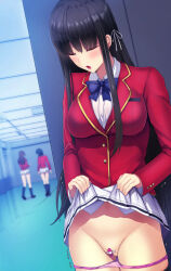 Rule 34 | 3girls, advanced nurturing high school uniform, black hair, black thighhighs, blazer, blue bow, blue bowtie, blurry, blurry background, bow, bowtie, breasts, buttoned cuffs, buttons, censored, clitoral stimulation, clitoris vibrator, closed eyes, clothes lift, collared shirt, commentary request, daiaru, egg vibrator, hair between eyes, hair ribbon, hallway, highres, horikita suzune, indoors, jacket, large breasts, lifting own clothes, long bangs, long hair, long sleeves, mosaic censoring, multiple girls, open mouth, panties, panty pull, pink panties, pleated skirt, public indecency, public nudity, pussy, red eyes, red jacket, ribbon, school uniform, sex toy, shirt, skirt, skirt lift, solo focus, tape, tape on pussy, thighhighs, underwear, vibrator, vibrator on clitoris, white ribbon, white shirt, white skirt, youkoso jitsuryoku shijou shugi no kyoushitsu e