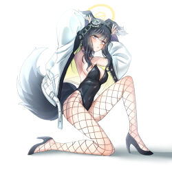 Rule 34 | 1girl, absurdres, alternate costume, animal ear fluff, animal ears, armpits, arms up, bare shoulders, black footwear, black hair, black leotard, blue archive, blush, breasts, covered navel, detached collar, dog ears, dog girl, dog tail, eyewear on head, fishnets, full body, goggles, goggles on head, halo, hibiki (blue archive), high heels, highres, legs, leotard, long sleeves, looking at viewer, medium breasts, moonb3702, on one knee, pantyhose, playboy bunny, rabbit pose, shoes, simple background, solo, strapless, strapless leotard, tail, thighs, white background, yellow halo