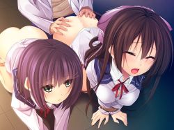 Rule 34 | 1boy, 2girls, all fours, ass, ass grab, black hair, blush, breasts, clothed sex, doggystyle, duct tape, closed eyes, ffm threesome, game cg, green eyes, group sex, ichikawa noa, large breasts, long hair, momoiro renren, multiple girls, no panties, open mouth, purple hair, restrained, school uniform, sex, sex from behind, short hair, small breasts, sweat, threesome, vaginal