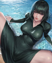 Rule 34 | 1girl, absurdres, arm support, breasts, closed mouth, collared dress, dress, fubuki (one-punch man), green dress, green eyes, green hair, highres, kidmo, large breasts, lips, long sleeves, looking at viewer, lying, on back, one-punch man, partially submerged, realistic, revision, short hair, solo, spread legs, thighs, water, wet