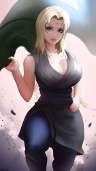 Rule 34 | 1girl, artist name, bare arms, bare shoulders, blonde hair, breasts, brown eyes, cleavage, closed mouth, collarbone, facial mark, forehead mark, hand on own hip, highres, holding, holding clothes, holding jacket, jacket, japanese clothes, kimono, knee up, large breasts, long hair, looking at viewer, makeup, mcdobo, nail polish, naruto (series), obi, pants, parted bangs, pink lips, red nails, sash, short kimono, smile, solo, standing, tsunade (naruto)