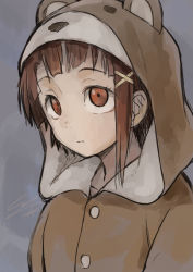 Rule 34 | 1girl, animal costume, bear costume, brown eyes, brown hair, buttons, closed mouth, collarbone, eyebrows, eyelashes, facing away, hair ornament, hood, hood up, io naomichi, iwakura lain, looking away, looking up, serial experiments lain, short hair, solo, tareme, upper body, x hair ornament