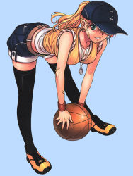 Rule 34 | 1girl, ball, bandaid, baseball cap, basketball, basketball (object), belt, bent over, black thighhighs, blonde hair, caroline, denim, denim shorts, earrings, green eyes, hat, highres, jewelry, long hair, necklace, non-web source, ponytail, shoes, shorts, sleeves rolled up, smile, sneakers, solo, soo-hyon lee, thighhighs, unbalance unbalance, unbalance x unbalance, wristband, zettai ryouiki