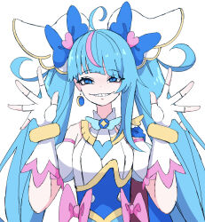 Rule 34 | 1girl, absurdres, ahoge, blue bow, blue dress, blue eyes, blue hair, bow, crazy smile, crescent, crescent earrings, cure sky, cut bangs, detached sleeves, dr yamero, dress, dress bow, earrings, evil grin, evil smile, gloves, grin, hair bow, highres, hirogaru sky! precure, jewelry, long hair, multicolored hair, necktie, pink bow, pink hair, precure, puffy sleeves, short sleeves, single earring, single sidelock, smile, solo, streaked hair, twintails, two-tone dress, white background, white dress, white gloves, wing hair ornament