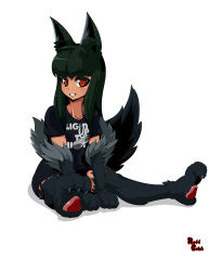 Rule 34 | 1girl, :d, absurdres, alternate costume, animal ears, animal hands, anubis (monster girl encyclopedia), between legs, black fur, black hair, blue shirt, blush, claws, clothes writing, commentary, english commentary, fingernails, full body, fur, hand between legs, highres, long hair, looking at viewer, monster girl, monster girl encyclopedia, open mouth, red eyes, reddgeist, sharp fingernails, sharp toenails, shirt, signature, simple background, sitting, slit pupils, smile, solo, t-shirt, tail, toenails, white background, wolf ears, wolf tail