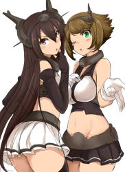 Rule 34 | 10s, 2girls, ass, bare shoulders, black hair, blush, breasts, brown hair, elbow gloves, fingerless gloves, gloves, green eyes, hairband, headgear, kantai collection, large breasts, long hair, looking at viewer, midriff, multiple girls, mutsu (kancolle), nagato (kancolle), navel, omuraisu echizen, one eye closed, open mouth, red eyes, short hair, skirt, thighhighs, very long hair, wide hips