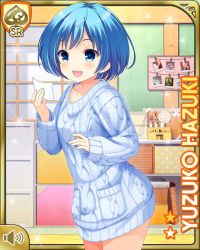 Rule 34 | 1girl, bare legs, barefoot, bedroom, blue eyes, blue hair, card, character name, day, girlfriend (kari), hazuki yuzuko, indoors, official art, open mouth, pockets, qp:flapper, short hair, solo, standing, sweater, tagme, white sweater