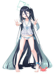 Rule 34 | 1girl, :d, ^ ^, absurdly long hair, absurdres, alternate costume, animal, aris (blue archive), barefoot, bikini, blue archive, blue hair, blush, closed eyes, crab, dark blue hair, double v, flat chest, full body, gluteal fold, hair between eyes, halo, highres, long hair, open mouth, shirokuma (zeroillya), side ponytail, smile, solo, standing, swimsuit, toes, v, very long hair, white bikini