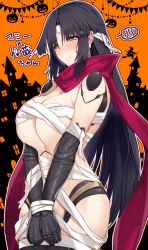 Rule 34 | 1girl, android, bandages, black hair, blush, breasts, fate/grand order, fate (series), halloween, highres, joints, katou danzou (fate), large breasts, long hair, naked bandage, parted bangs, red scarf, robot joints, scarf, sebire, sidelocks, solo, thighs, yellow eyes