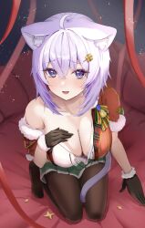 Rule 34 | 1girl, absurdres, animal ears, breasts, cat ears, cat tail, christmas, cleavage, gloves, highres, hololive, large breasts, looking at viewer, medium hair, nekomata okayu, open mouth, purple eyes, purple hair, santa costume, smile, solo, tail, torakichi 888, virtual youtuber