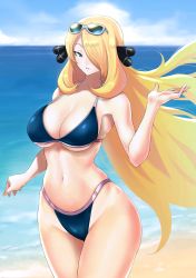 Rule 34 | 1girl, absurdres, anagumasan, bikini, blonde hair, blue eyes, breasts, cleavage, creatures (company), cynthia (pokemon), game freak, hair ornament, hair over one eye, highres, large breasts, long hair, looking at viewer, navel, nintendo, pokemon, pokemon dppt, simple background, smile, solo, swimsuit, very long hair