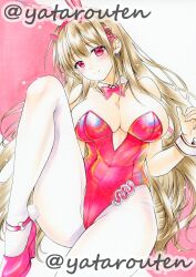 Rule 34 | 1girl, animal ears, bare shoulders, bowtie, breasts, cleavage, covered navel, detached collar, fake animal ears, fake tail, goddess of victory: nikke, highleg, highleg leotard, horns, large breasts, leotard, light brown hair, long hair, official alternate costume, pantyhose, pink bow, pink bowtie, pink horns, playboy bunny, rabbit ears, rabbit tail, red eyes, red leotard, sitting, solo, strapless, strapless leotard, tail, traditional media, twitter username, viper (nikke), viper (toxic rabbit) (nikke), white pantyhose, wrist cuffs, yatarouten