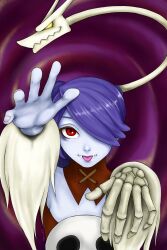 Rule 34 | 1girl, arms up, blue hair, blue skin, colored skin, detached collar, facing viewer, highres, looking at viewer, pharaoh13, purple background, red eyes, skeletal arm, skullgirls, smile, solo, spiral background, squigly (skullgirls), stitched mouth, stitches, tongue, tongue out, upper body, zombie
