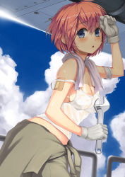Rule 34 | 1girl, bandaged arm, bandages, bandaid, bandaid on arm, blue eyes, blush, breasts, brown hair, camisole, cleavage, cloud, day, eyebrows, gloves, hair between eyes, highres, holding, jchoy, mechanic, medium breasts, original, outdoors, railing, shade, short hair, sky, solo, strap slip, sweat, towel, towel around neck, white gloves, wrench