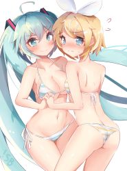 Rule 34 | &gt;:(, &gt;:), 2girls, absurdres, ahoge, alternate breast size, artist request, ass, back, bare arms, bare back, bare shoulders, bikini, blonde hair, blue bikini, blue eyes, blue hair, blush, breasts, butt crack, cleavage, closed mouth, collarbone, commentary request, cowboy shot, flying sweatdrops, frown, hair ornament, hair ribbon, hairclip, halterneck, hatsune miku, highres, holding hands, interlocked fingers, kagamine rin, long hair, looking at viewer, looking back, medium breasts, multiple girls, navel, nose blush, ribbon, short hair, side-tie bikini bottom, simple background, small breasts, smug, stomach, string bikini, swimsuit, twintails, very long hair, vocaloid, white background, white ribbon, yellow bikini