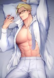 Rule 34 | 1boy, abs, bara, bed, blonde hair, cowboy shot, d-red, glasses, kray foresight, large pectorals, lying, male focus, manly, muscular, navel, on back, pants, pectorals, pillow, promare, short hair, solo, undressing, upper body