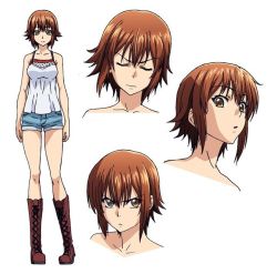 Rule 34 | 1girl, bare shoulders, blue shorts, boots, breasts, brown eyes, brown footwear, brown hair, closed eyes, closed mouth, collarbone, cropped torso, cross-laced footwear, denim, denim shorts, facing viewer, frown, full body, grand blue, knee boots, kotegawa chisa, lace-up boots, looking at viewer, medium breasts, official art, portrait, shirt, short hair, short shorts, shorts, sleeveless, sleeveless shirt, standing, v-shaped eyebrows, white background, white shirt
