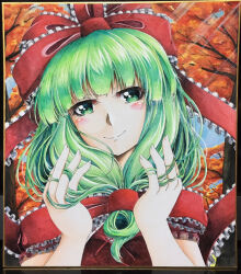 Rule 34 | 1girl, 283win, acrylic paint (medium), autumn leaves, bow, closed mouth, commentary request, forest, frilled bow, frilled ribbon, frills, front ponytail, green eyes, green hair, hair ribbon, kagiyama hina, looking at viewer, making-of available, nature, outdoors, painting (medium), photo (medium), red bow, red ribbon, ribbon, shikishi, smile, solo, touhou, traditional media, upper body
