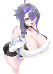 Rule 34 | 1girl, absurdres, alternate breast size, azur lane, breasts, cleavage, commission, cropped sweater, cross hair ornament, crossed bangs, eyes visible through hair, foch (azur lane), foch (rainbow rendezvous) (azur lane), from above, hair ornament, highres, huge breasts, latex shorts, leaning forward, long hair, looking at viewer, looking up, majinno, multicolored hair, off-shoulder sweater, off shoulder, official alternate costume, open mouth, purple hair, red eyes, simple background, skeb commission, slit pupils, solo, streaked hair, sweater, two-tone hair, white background, white sweater