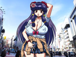 Rule 34 | 1girl, alternate costume, arm up, blue hair, breasts, building, city, cleavage, clothes around waist, covered erect nipples, cowboy shot, damenade, double bun, earrings, flower, hair flower, hair ornament, highres, huge breasts, jewelry, legs, long hair, looking at viewer, necklace, outdoors, parted lips, plaid, plaid skirt, ranma 1/2, red eyes, school uniform, shampoo (ranma 1/2), sidelocks, skirt, sky, solo, standing, thighs