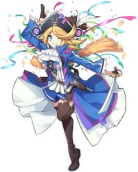 Rule 34 | 1girl, ark order, ascot, belt, blonde hair, blue coat, blue eyes, blue skirt, boots, breasts, brown belt, brown footwear, brown gloves, coat, coin, confetti, epaulettes, frilled sleeves, frills, full body, gloves, gold, grin, gun, half gloves, handgun, hat, hat feather, holding, holding sword, holding weapon, holster, jason (ark order), kzhu, large breasts, long sleeves, looking at viewer, medium hair, official art, one eye closed, open mouth, partially fingerless gloves, pirate hat, shirt, sidelocks, skirt, smile, solo, sparkle, standing, standing on one leg, sword, tachi-e, thigh boots, thighhighs, transparent background, weapon, white ascot, white shirt, wing collar, wool