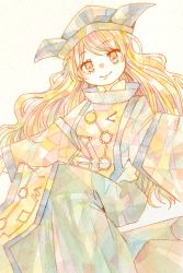 Rule 34 | 1girl, black hat, closed mouth, constellation print, green skirt, hat, highres, long hair, long sleeves, looking at viewer, matara okina, one-hour drawing challenge, orange eyes, orange hair, shizdayo, simple background, skirt, smile, solo, tabard, touhou, traditional media, yellow background